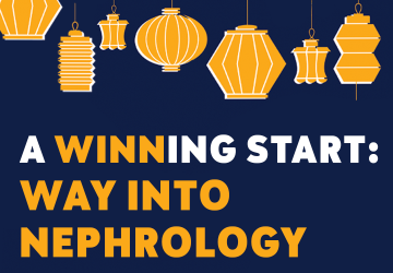 A WINNing Start: Way Into Nephrology Nursing in gold and white text on a dark blue background. gold lanterns hang above.